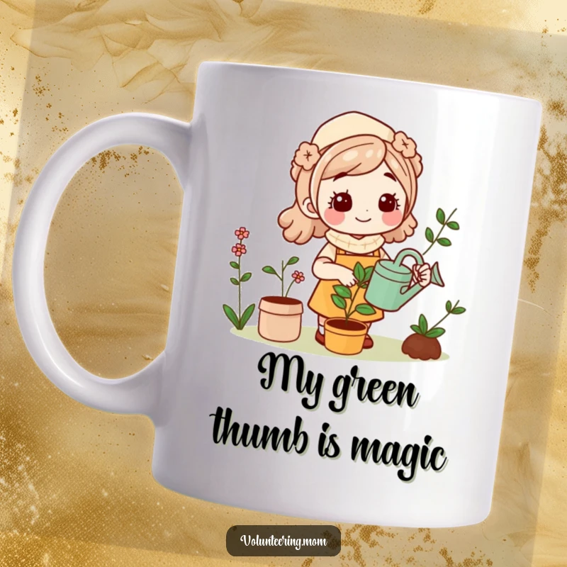Funny Kawaii Mom gardening mug, happily watering plants with a cheerful expression, perfect for plant lovers.