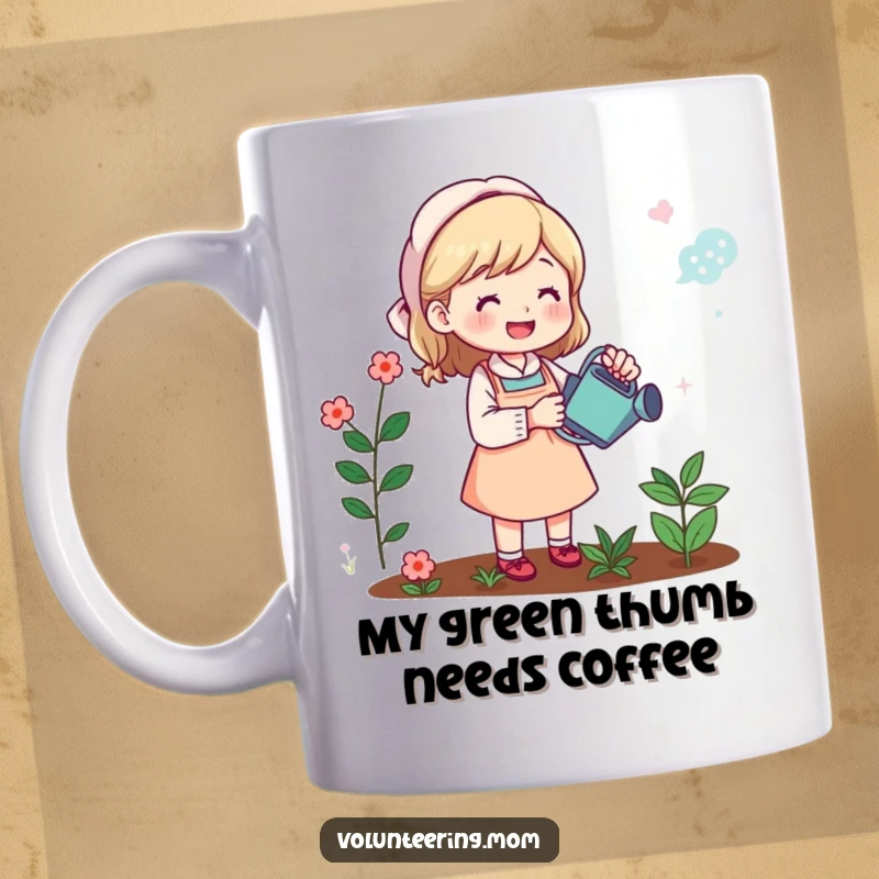 Funny mug: Mom cheerfully watering a vibrant garden, radiating happiness and love for her plants, a delightful gift for gardeners.