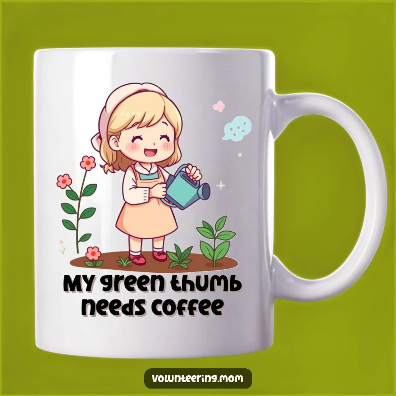 Funny Mom Gardener Mug: Cheerful watering can mom tending her garden, a perfect funny gift for plant lovers.