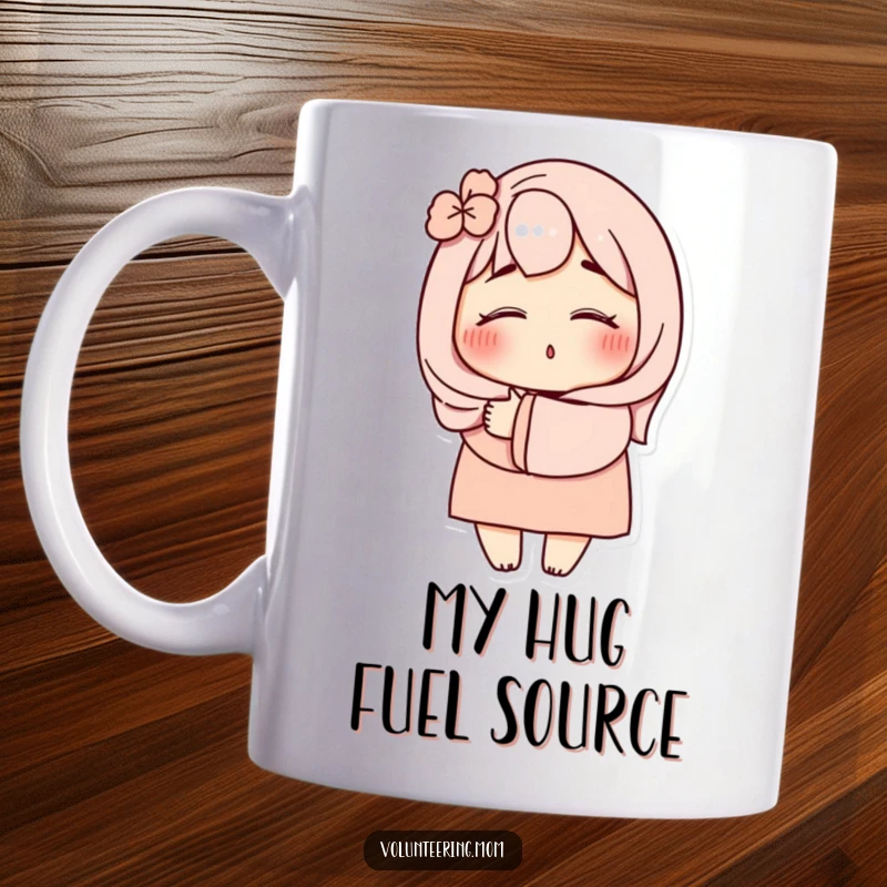 Funny Mom Hug Mug: A sweet illustration of a mom character with closed eyes, embracing warmly, perfect for a humorous gift.