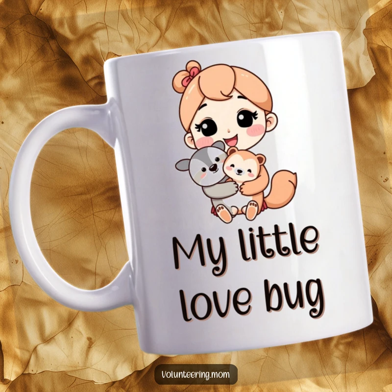 Kawaii mom character with a loving smile holding a cute baby animal, perfect for a mug.