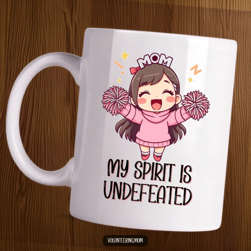 Funny mom character enthusiastically cheering with pom-poms, radiating energy and team spirit.