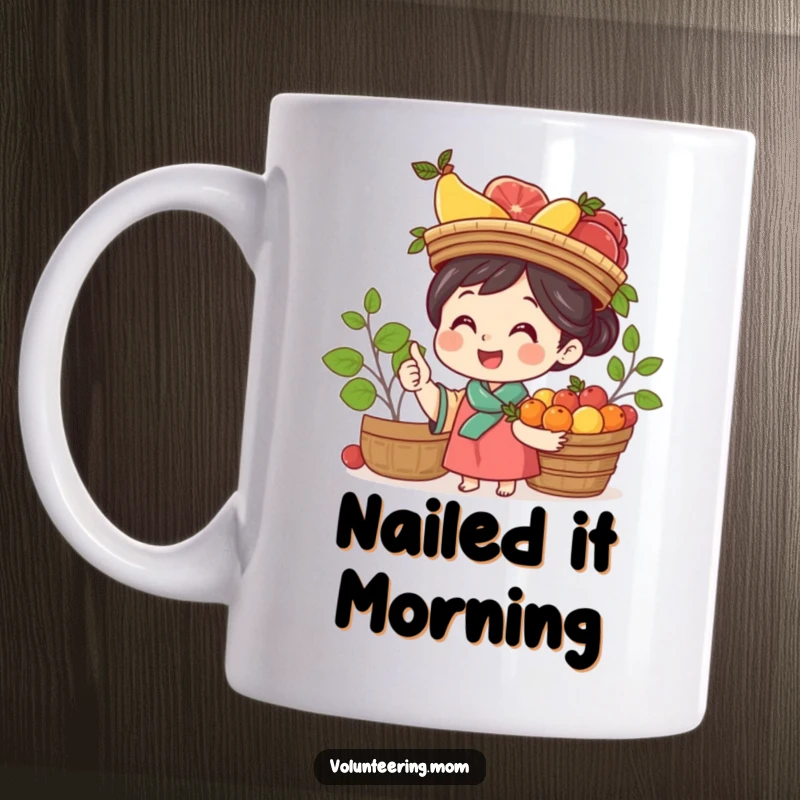 Funny Mom Mug: Cheerful mom with a fruit basket balanced perfectly on her head, embodying playful multitasking.