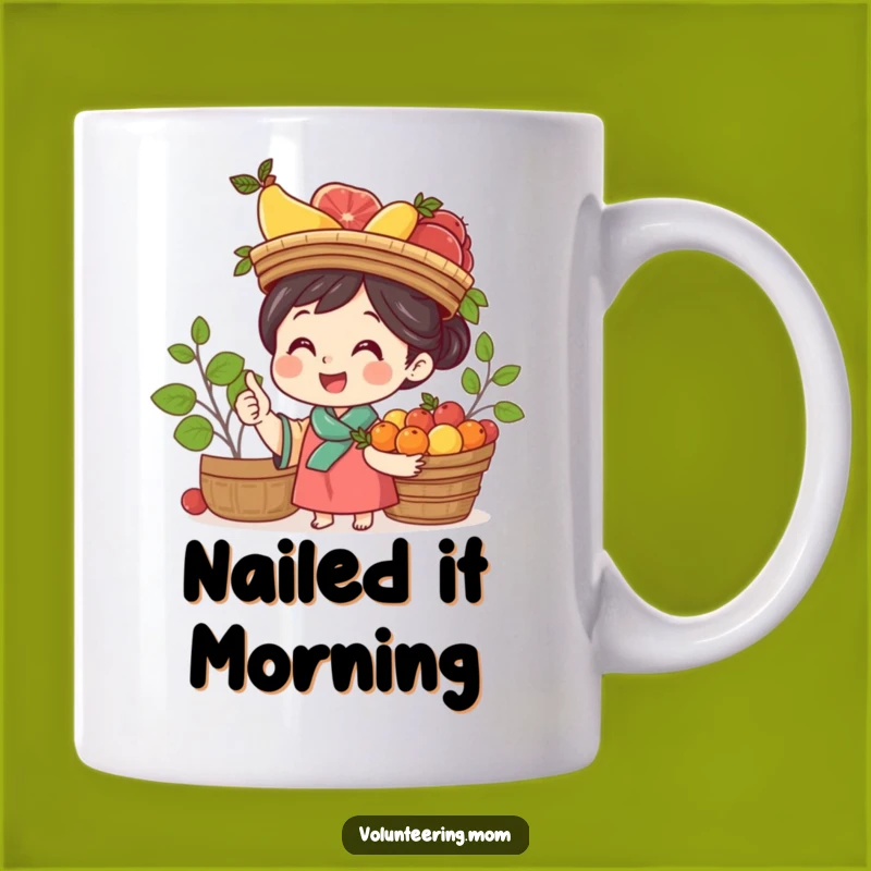 Funny Mom Fruit Balance Mug Gift - Cheerful Mom Balancing Basket of Fruit