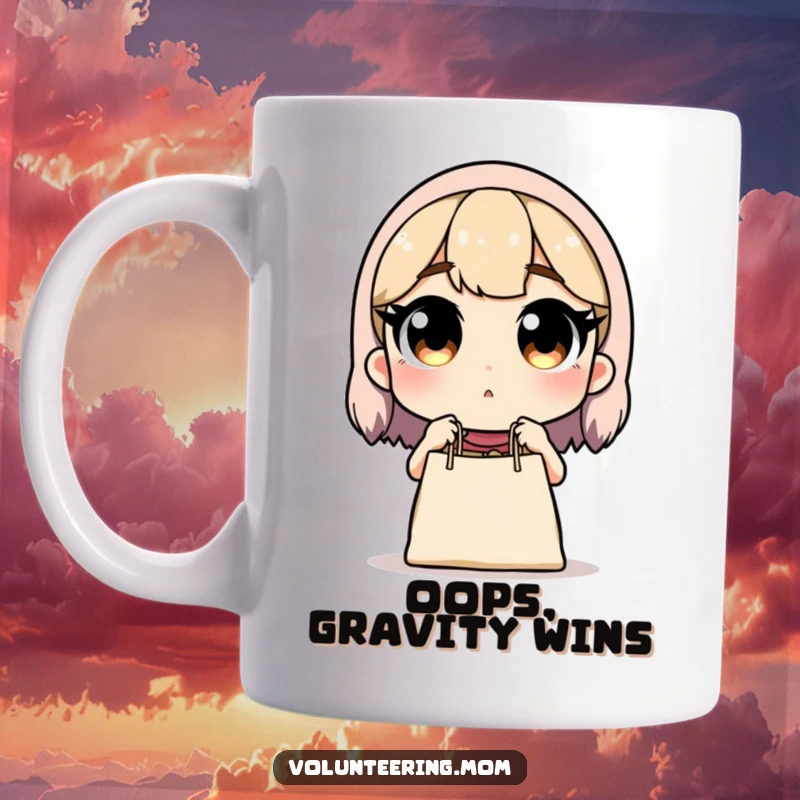 Funny mug: Mom surprised with eyes wide at a dropped grocery bag, a humorous depiction of parenting chaos, great gift.