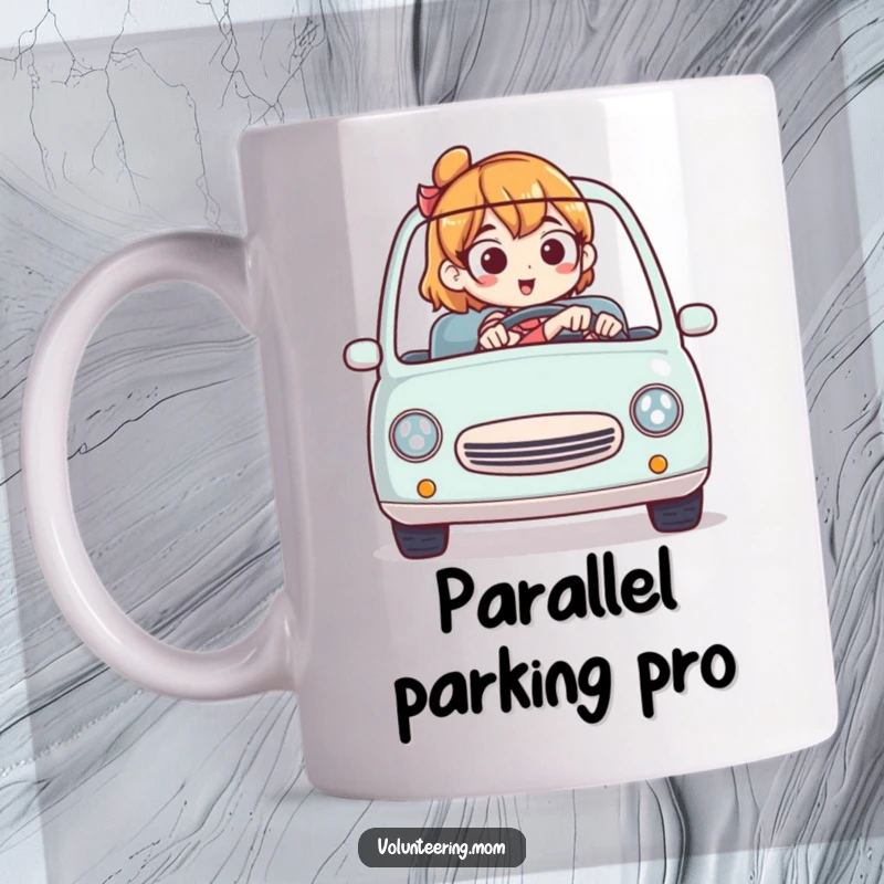 Funny mom mug showing a determined mom expertly driving a comically small car with a smile.