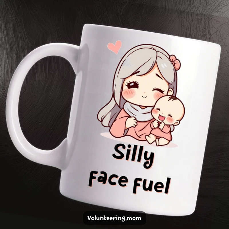 Funny mug featuring a mom character making a silly, exaggerated face to entertain a delighted child.