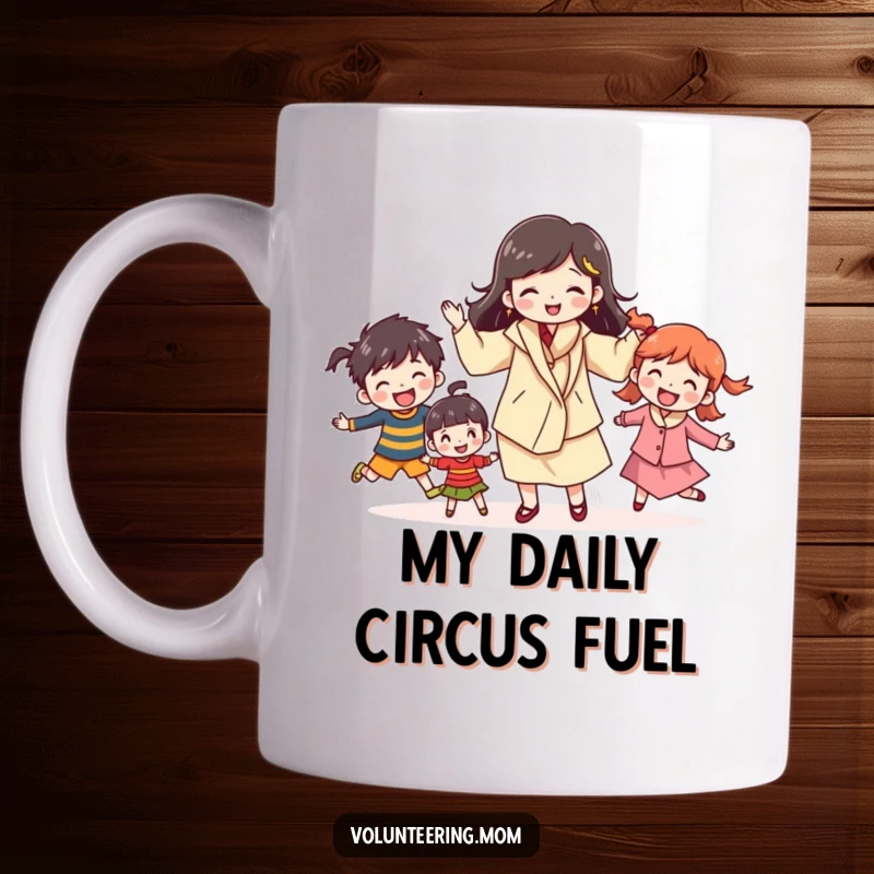 Funny mom mug featuring a cheerful character juggling multiple kids, celebrating her amazing multitasking skills, a perfect funny gift for moms.