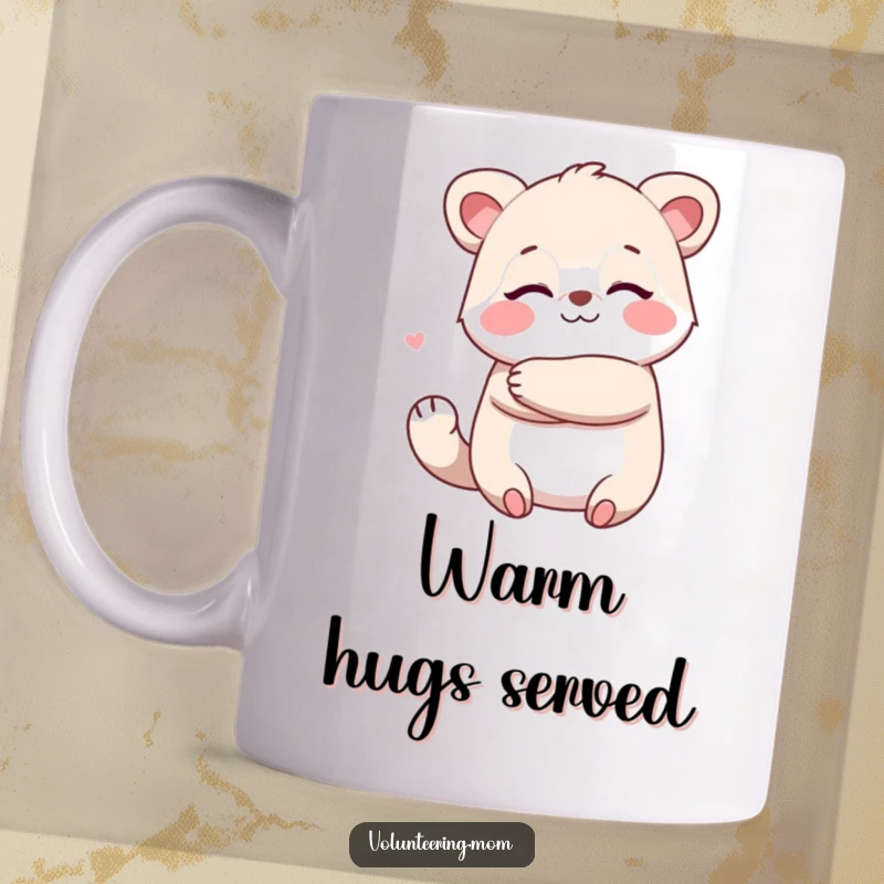 Funny Kawaii animal mom mug depicting a character giving a big, warm, comforting hug to spread joy.