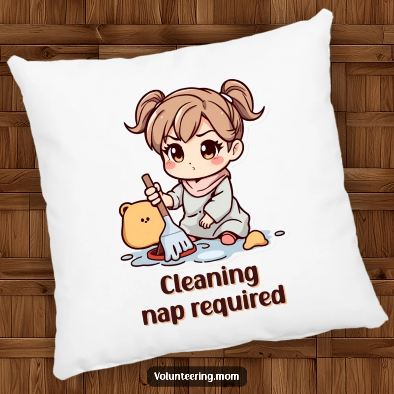 Funny Pillow: A plush pillow decorated with a mom character focused on cleaning a playful mess with a determined expression.