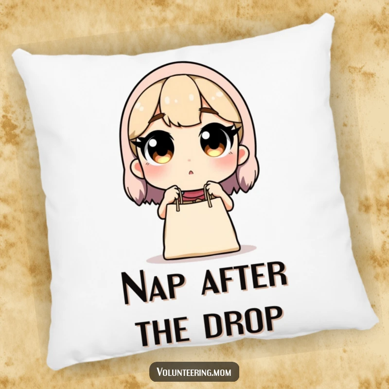 Funny pillow: Mom surprised by dropped groceries, a humorous and cozy decorative item, ideal gift.