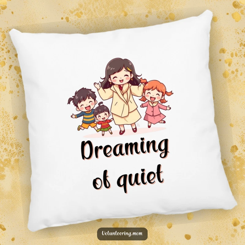Funny mom pillow featuring a cheerful character juggling kids, offering comfort and a humorous tribute to multitasking moms, a great funny gift.