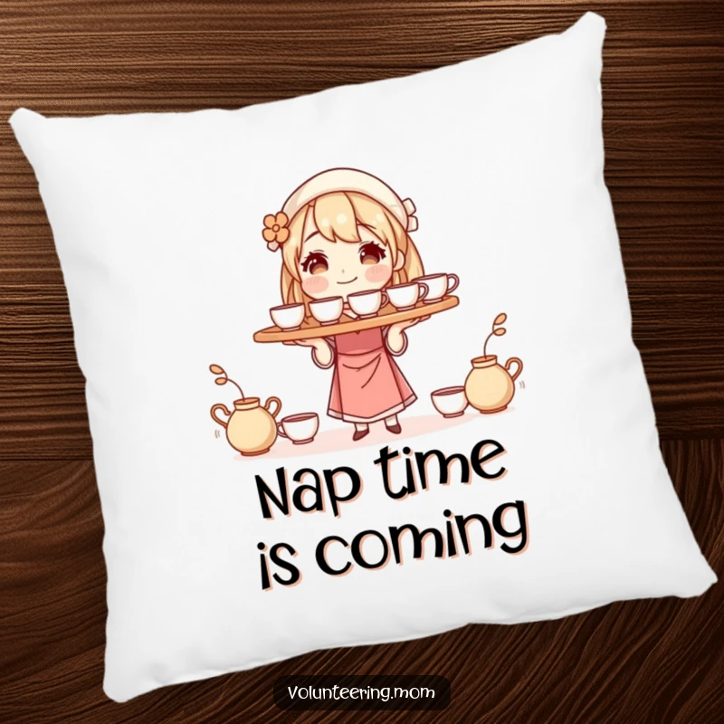 Funny plush pillow with a mom character balancing a tray of steaming cups, perfect for adding comfort and a touch of humor.