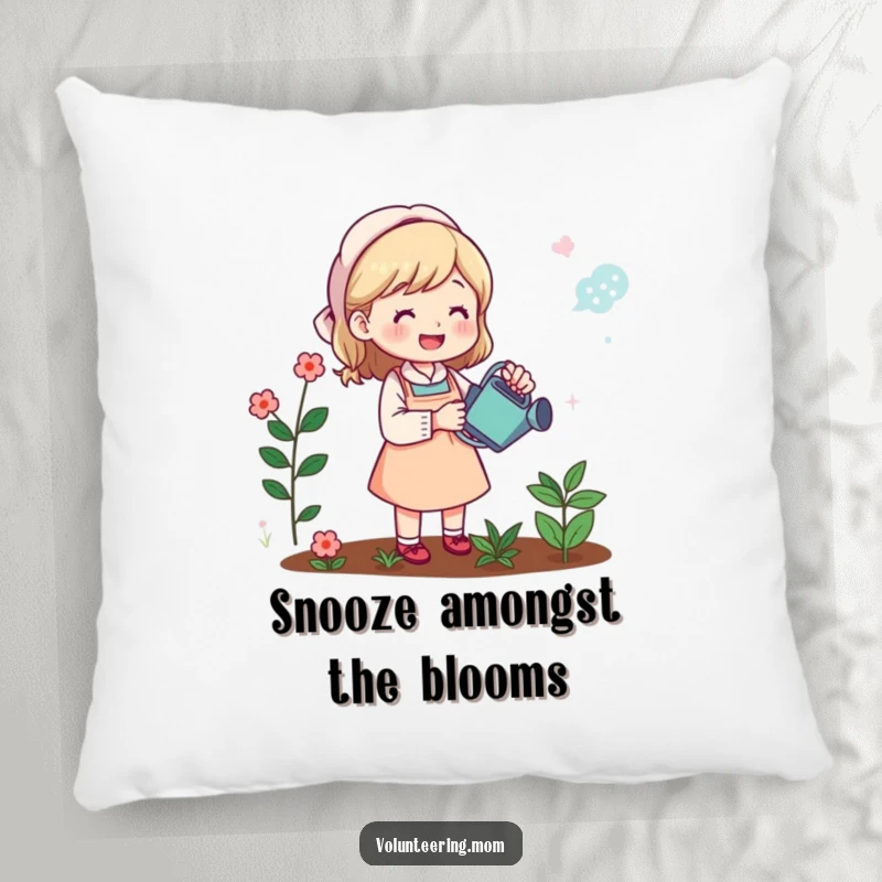Funny pillow: A happy mom watering her garden, offering a funny, comforting presence, ideal decorative gift.