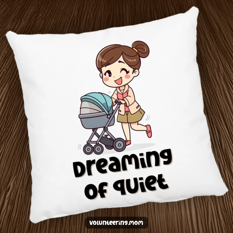 Funny plush pillow with a mom character energetically pushing a baby stroller with a smile, perfect for adding comfort and a touch of humor.