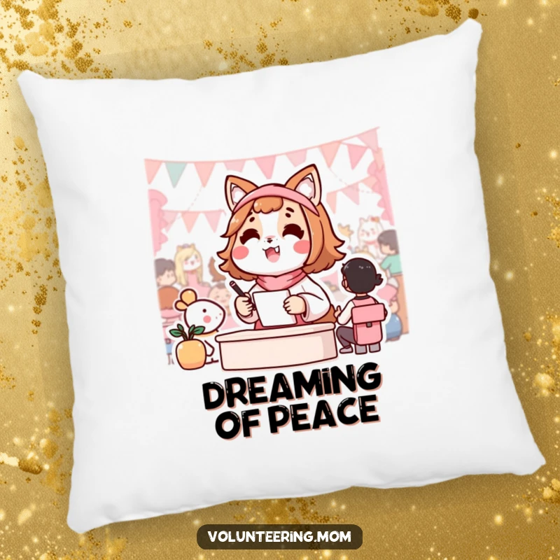 Funny pillow with a smiling Kawaii mom animal character happily coordinating a community gathering, adding a touch of humor.