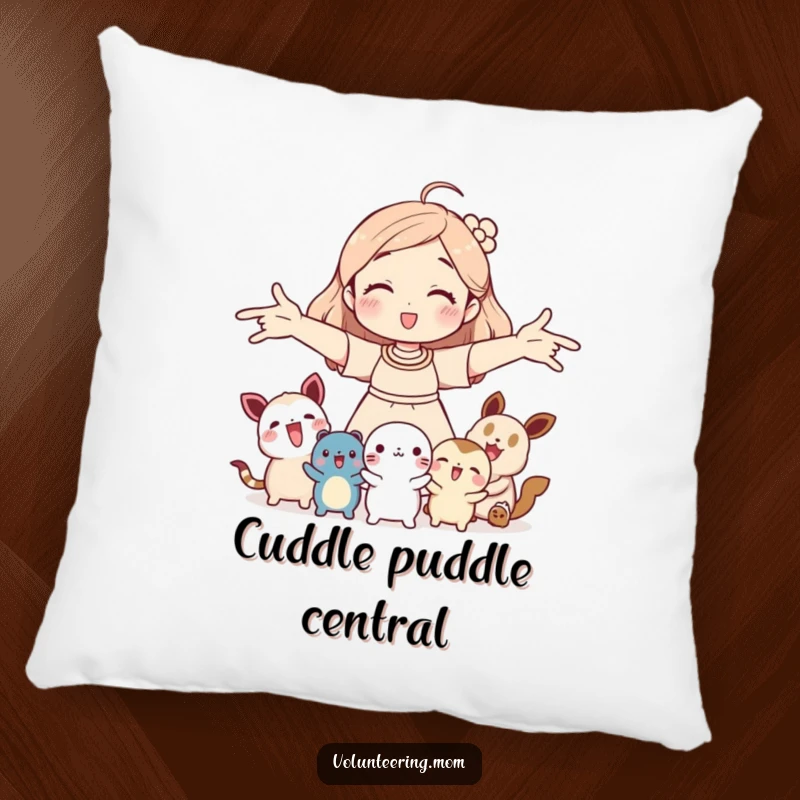 Funny pillow: Mom embracing small creatures with open arms, a humorous and cozy decorative item, ideal gift.