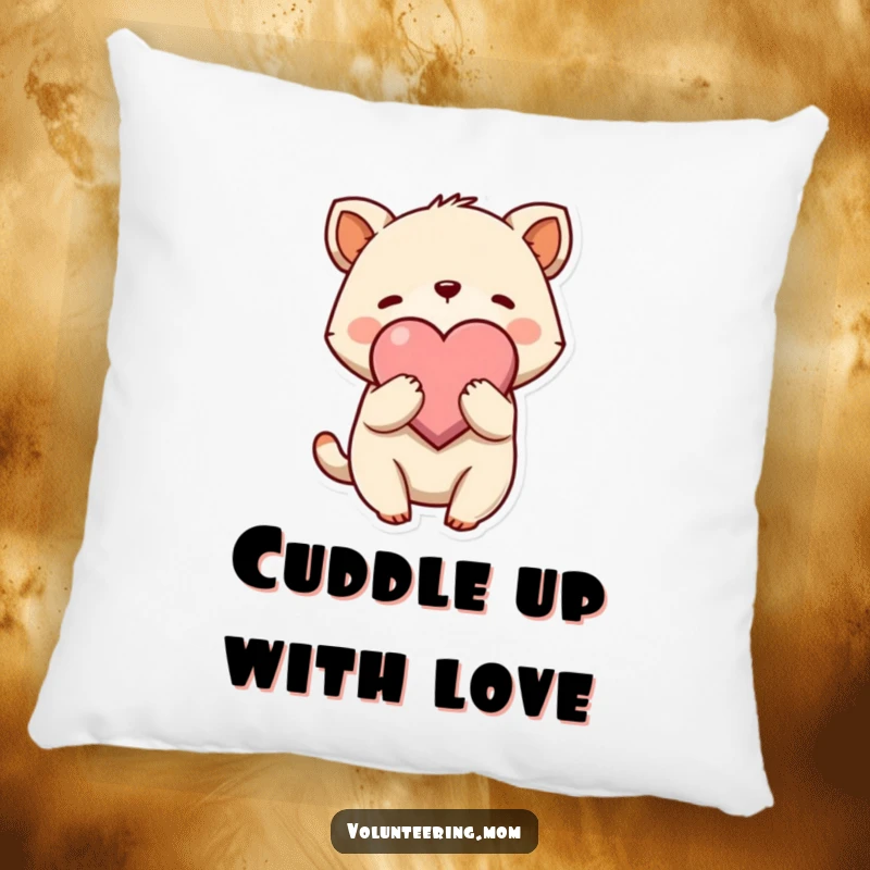 Funny Hug Pillow featuring a cute animal character gently embracing a large heart symbol, offering plush comfort and charm.