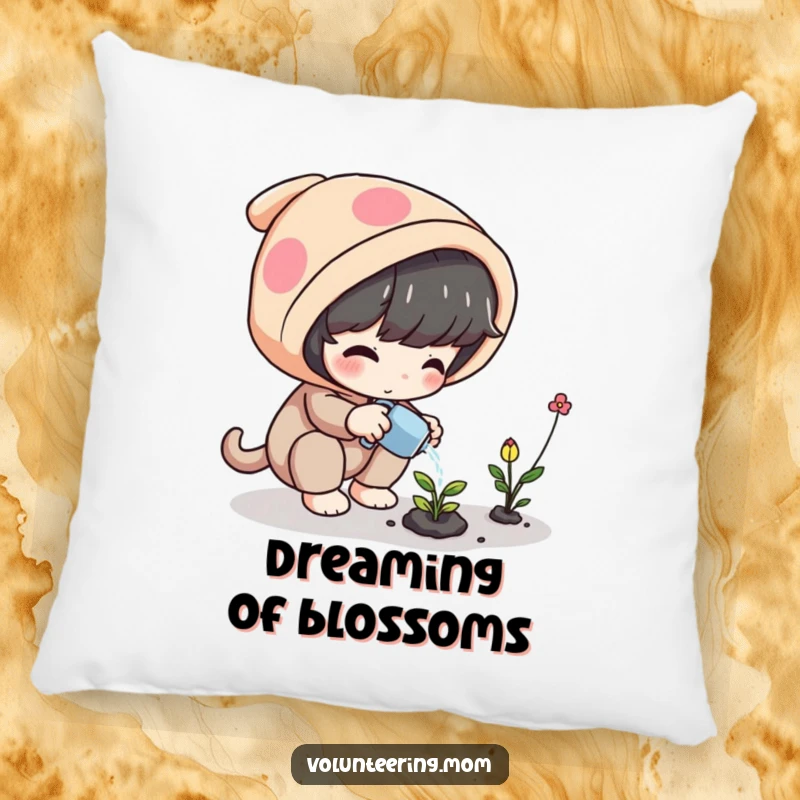 Funny Plant Pillow featuring a playful character watering a small, magical plant, offering plush comfort and charm.