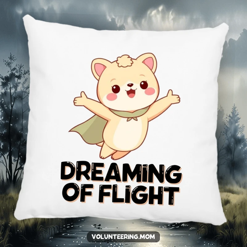 Funny pillow with a mom animal character in a cape, flying with arms outstretched, a comfortable and humorous cushion.