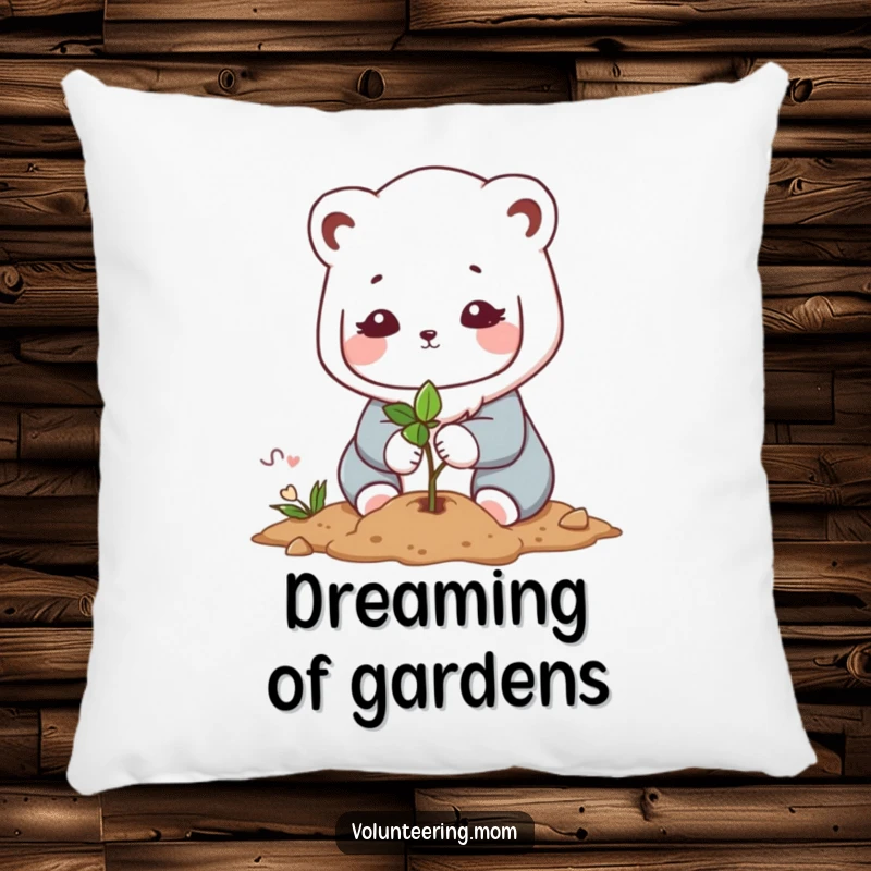 Funny Kawaii mom animal character pillow, showing the sweet character planting a tiny sapling, offering comfort and a touch of green.