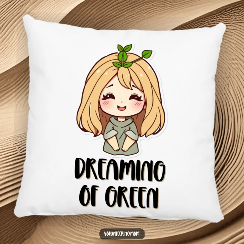 Funny Mom Pillow with a smiling mom character and a sprout growing from her hair, offering comfort and humor.
