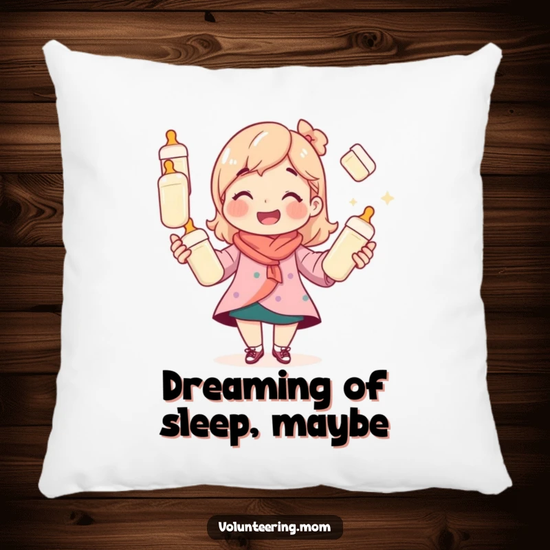 Funny mom pillow, soft and supportive, showing a smiling mom juggling baby bottles for ultimate comfort.