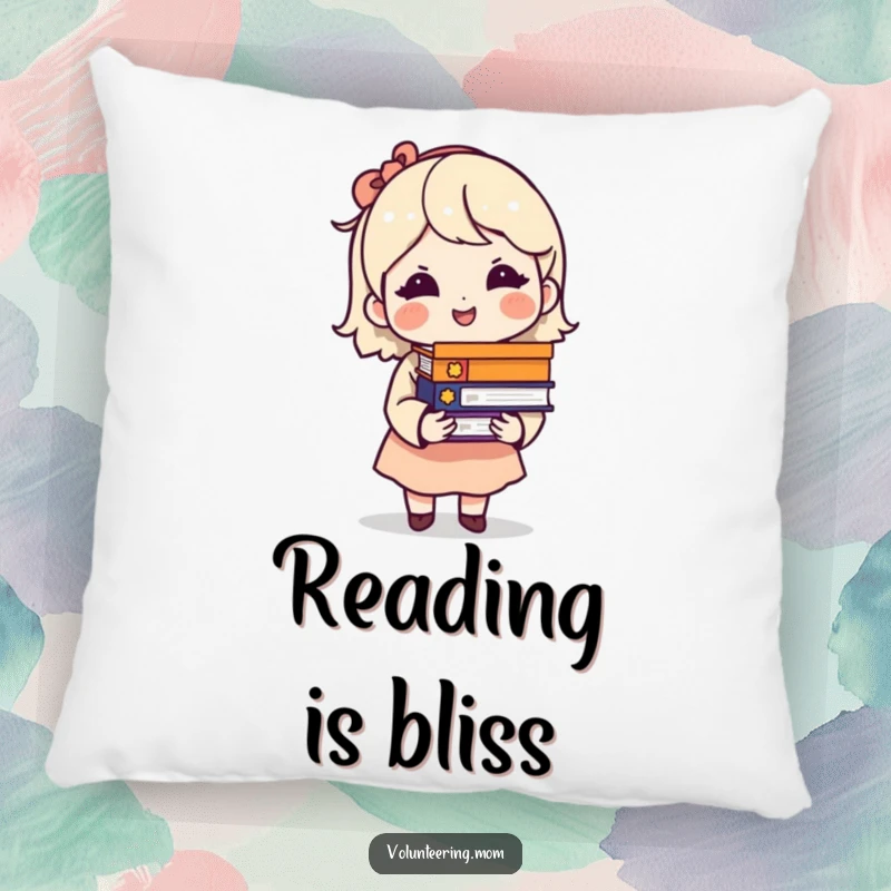 Funny decorative pillow featuring a mom character with a knowing smile, holding a stack of books.