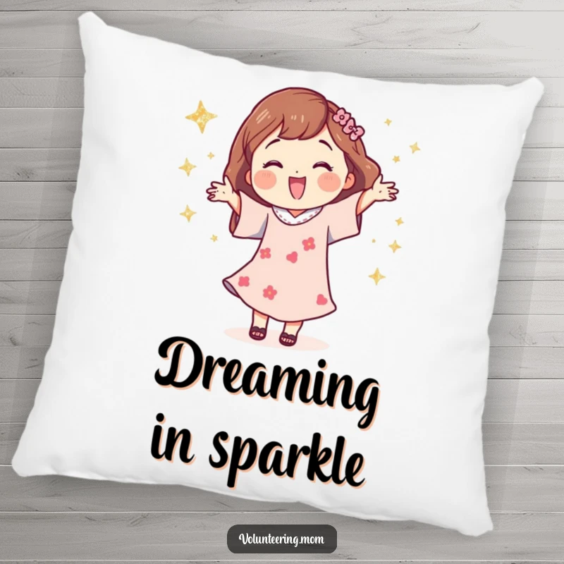Funny decorative pillow featuring a happy mom character dancing with whimsical glittery stars, adding sparkle.