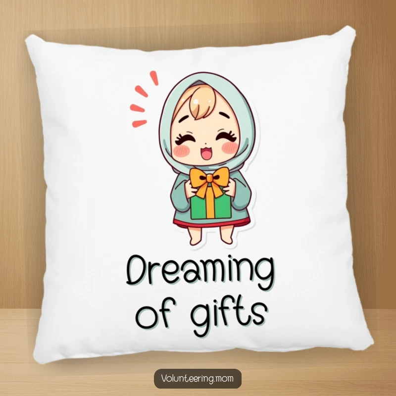 Funny decorative pillow featuring a kawaii mom character with wide eyes, excited about a gift.