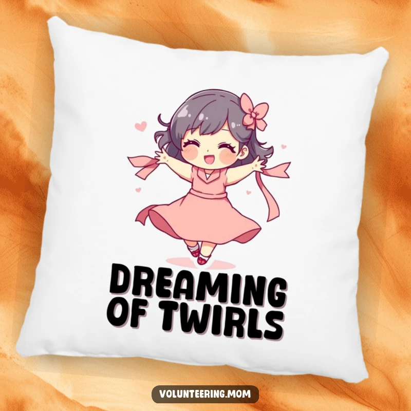 Funny decorative pillow featuring a mom character in a playful spin, with a ribbon swirling around her.