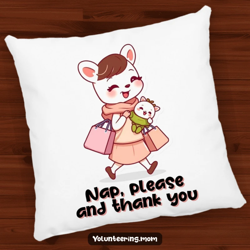 Funny pillow with a busy mom animal character carrying a baby and shopping bag, a comforting and humorous cushion.