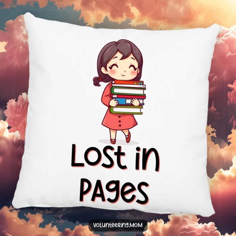 Funny Busy Mom Pillow with a woman carrying a stack of colorful books, offering comfort and bookish charm.