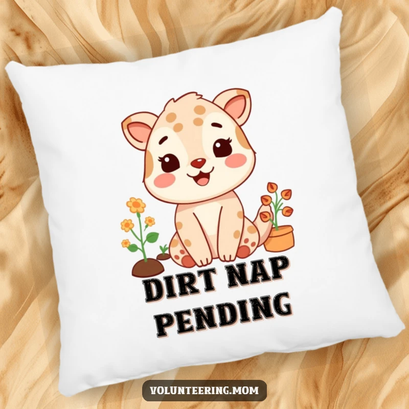 Funny pillow with a mom animal character gardening with a satisfied smile, a comfortable and humorous cushion.