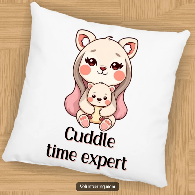 Funny Kawaii animal mom pillow featuring a sweet mother animal holding her baby, providing comfort and humor.