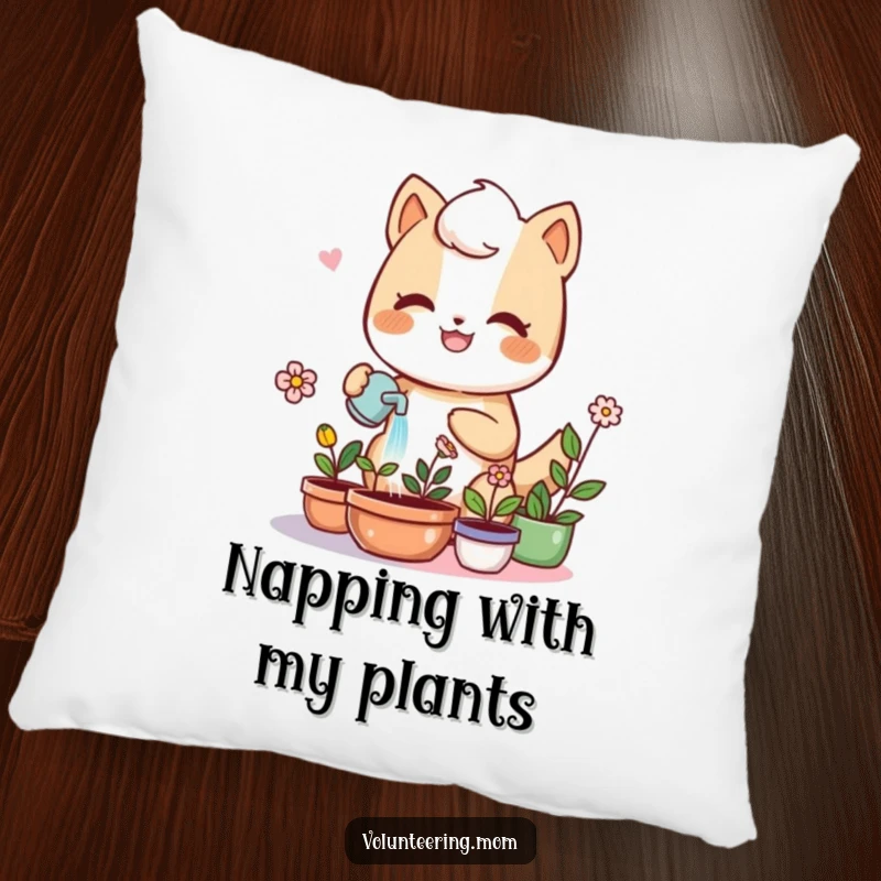 Kawaii mom anthropomorphic animal watering plants, soft decorative pillow, cute gardening theme, humorous home decor.
