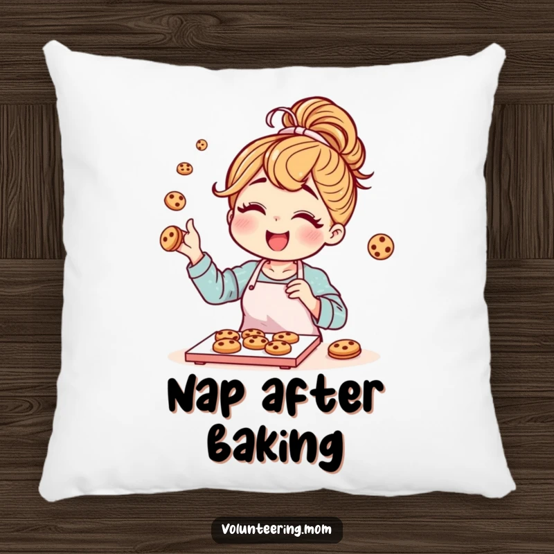 Funny mom character with a messy bun joyfully baking cookies, on a soft, decorative pillow.
