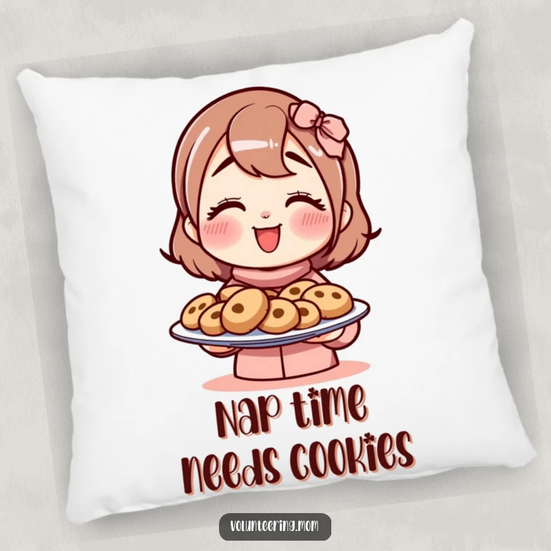 Funny mom pillow with a cute character illustration of a mom offering a plate of freshly baked cookies.