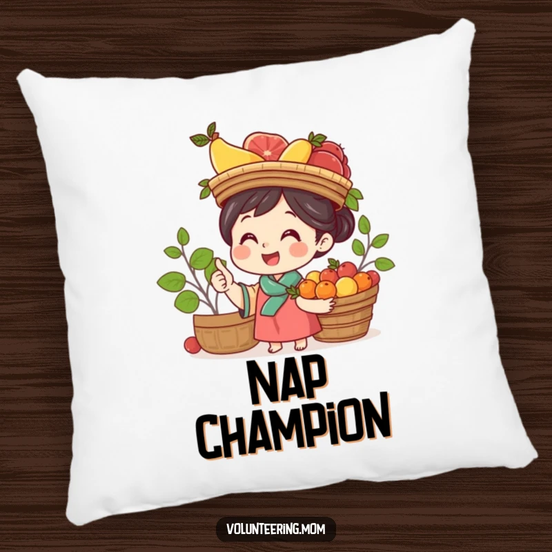 Funny Mom Pillow: A cheerful mom with a fruit basket balanced on her head, delivering instant smiles and comfort.