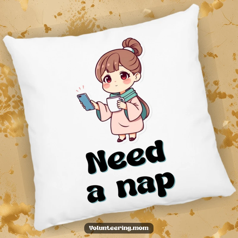 Funny pillow featuring a mom character balancing a phone and a mug, bringing comfort and humor to a room.