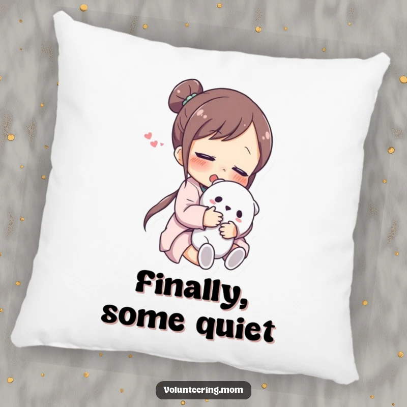 Funny Pillow: A plush pillow decorated with a serene mom character hugging a cuddly toy with a peaceful expression.