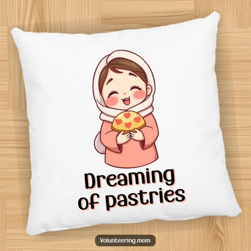 Funny Pillow: A plush pillow decorated with a mom character in a loving hug, sharing a delicious pastry.