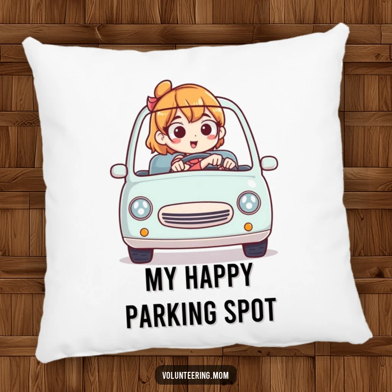 Funny pillow featuring a mom expertly piloting a tiny car, offering comfort and a humorous touch.