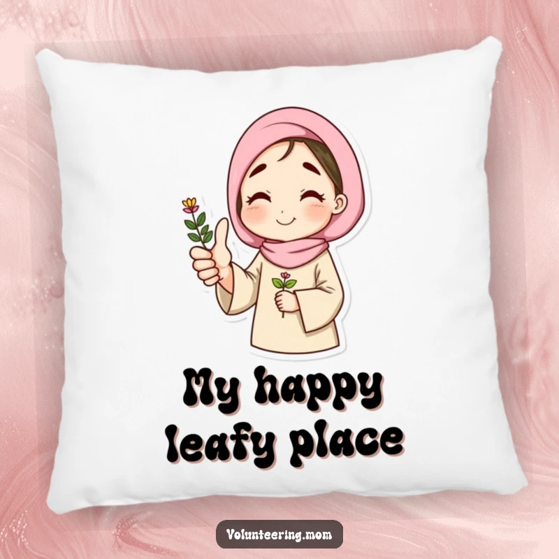 Funny pillow with a happy mom giving a thumbs up, holding a plant, offering comfort and positive vibes.