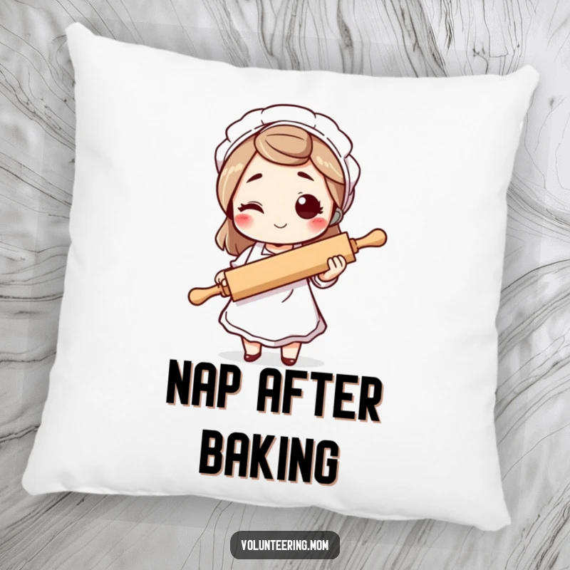 Funny mom pillow, a winking mother figure with an apron and rolling pin, adding cozy humor to any room.