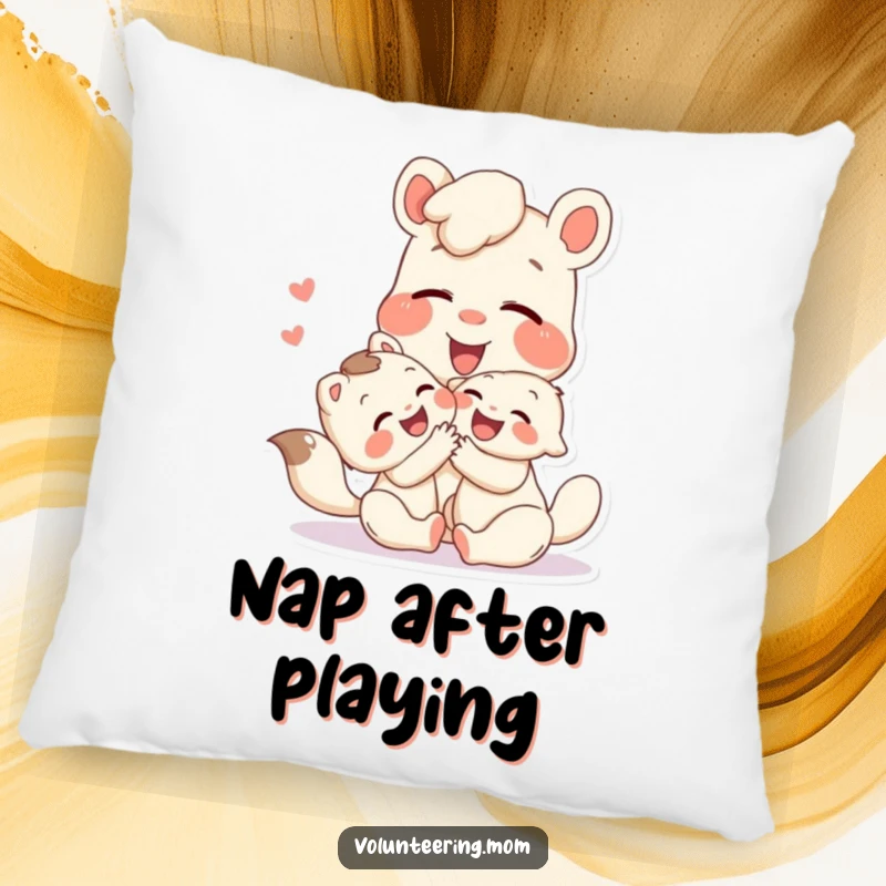 Funny pillow featuring a playful Mom animal character sharing a moment of pure laughter while playing with a child, designed for comfort.