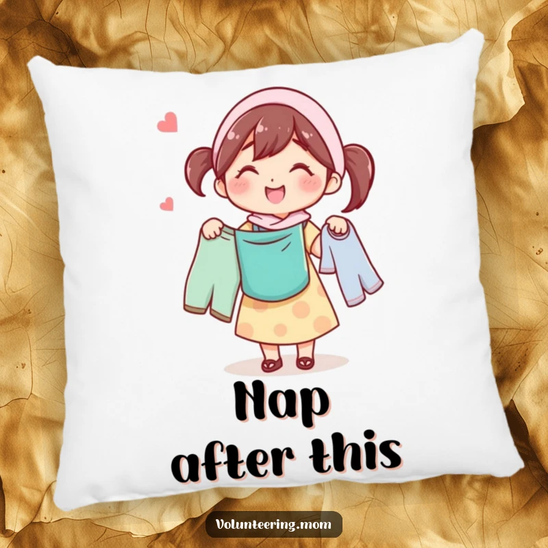 Funny pillow featuring a content mom character happily carrying laundry, adding a touch of humor and comfort.
