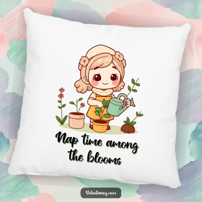 Funny Kawaii Mom gardening pillow, soft and cuddly depiction of a mom tending to plants, a humorous accent.