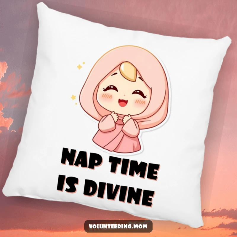 Funny Happy Mom Pillow with a woman sighing contentedly, surrounded by a soft light, offering comfort and peace.