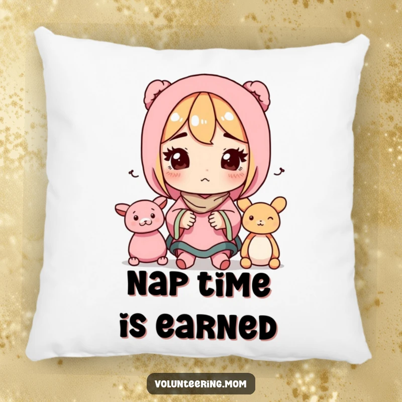 Funny pillow showing a determined mom character organizing toys, adding comfort and a humorous touch to any room.